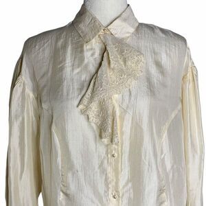 Vintage Shelli Segal Secretary Blouse S Beige Silk
